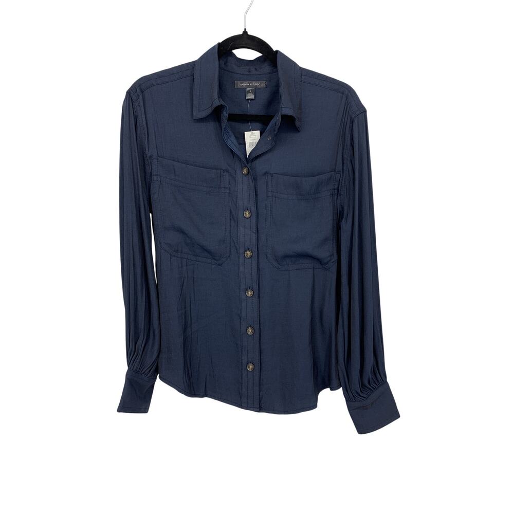 NWT Banana Republic Balloon-Sleeve Safari Shirt Womens Small Navy Blue Pockets